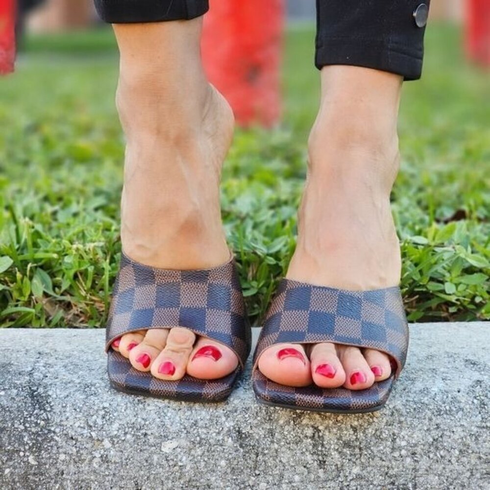 Checkered Faux Leather Square Toe Sandals Women Slip On - Picture 4 of 5